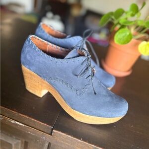 Rachel Comey Blue Suede Platform Shoes with Wooden Heel